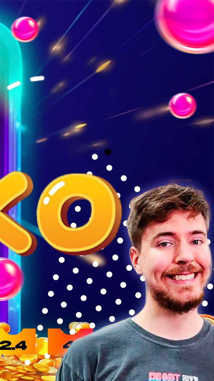 A colorful Mr Beast Plinko game screen with a dark blue background, pink glossy balls, white polka dots, and the letters 'KO' in bold yellow. Gold coins are visible at the bottom, along with a person wearing a gray t-shirt.